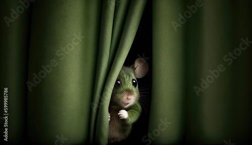 mouse peeking from behind green curtain, ai generated