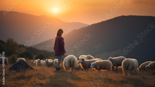 A little girl tends a herd of sheep in the background of the mountains. AI generated.