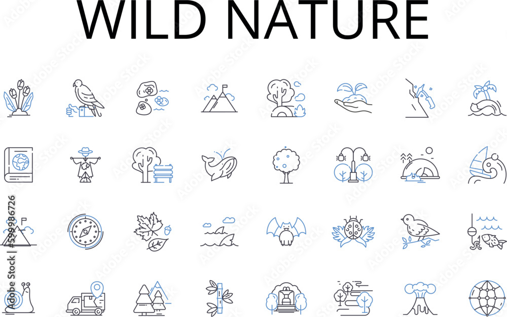 Wild nature line icons collection. Incredible beauty, Vast landscapes, Untamed wilderness, Endless horizons, Majestic mountains, Exotic paradise, Serene gardens vector and linear illustration