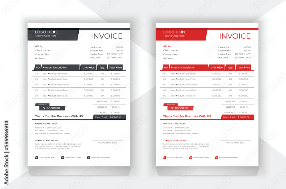 Elegant and modern business invoice design in black and red color. Vector illustration.
