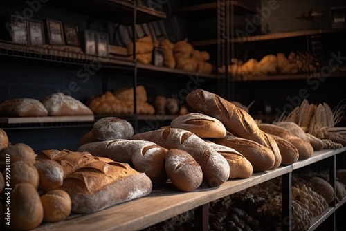 Fresh bread counter. Delicious loaves of bread in a baker shop. Different types of bread loaves on wooden bakery shelves. Image generated by AI