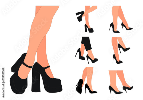 Slender, young female legs in a pose. Shoes stilettos, high heels. Walking, standing, running, jumping, dance. Women shoe model