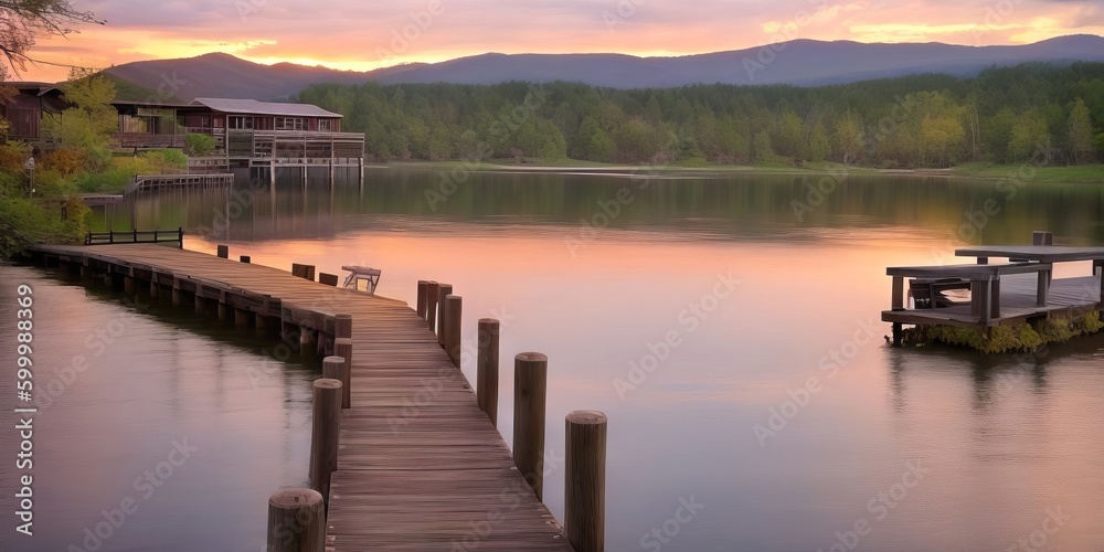 A magical beautiful early morning on the lake in spring. An old wooden abandoned pier. Sunrise over the water with fog. Beautiful orange sky. Marina for boats. Romantic place. Generative AI