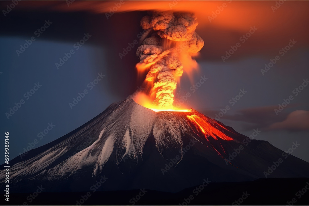 Volcano eruption. Lava flows out of the volcano crater. Natural disaster. Created with Generative AI