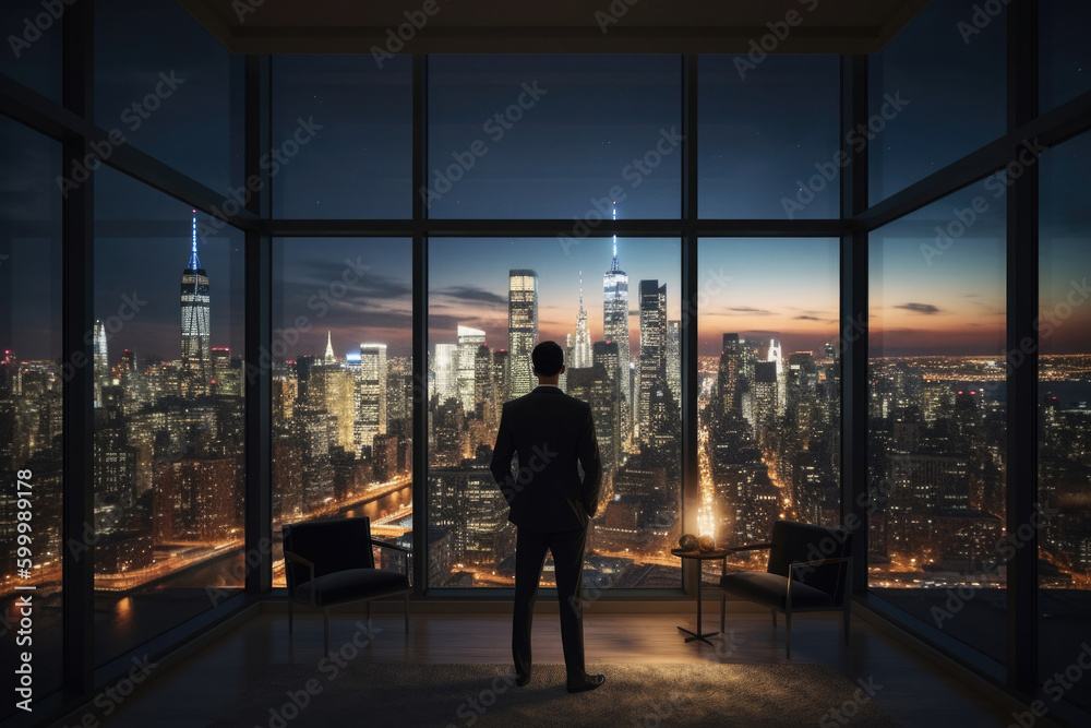 Successful businessman looking out from window on night city. Man in office at night. Created with Generative AI Successful businessman looking out from window on night city. Man in office at night. Created with Generative AI