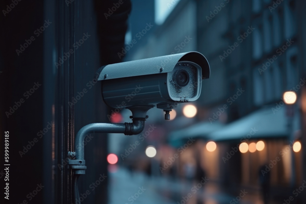 Surveillance camera at city street. CCTV monitoring system on building facade. Created with Generative AI Surveillance camera at city street. CCTV monitoring system on building facade. Created with Generative AI