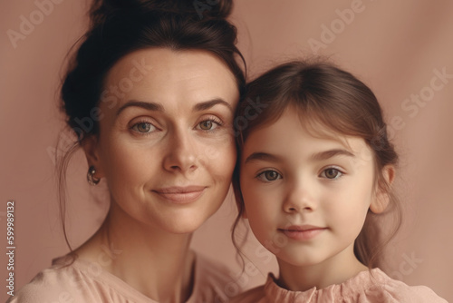 Cheerful woman and young girl looking at camera. Mother and daughter portrait on pink background. Good relationship between mom and child in the family. Created with Generative AI