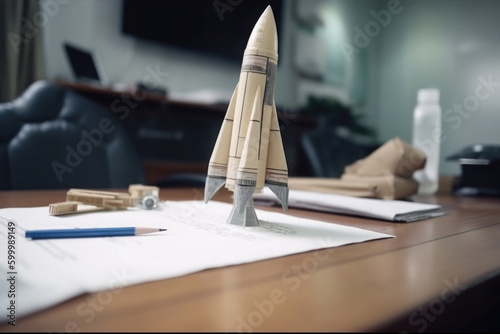Creative idea for business development. Successful startup concept. Rocket launching at office workplace. Created with Generative AI
