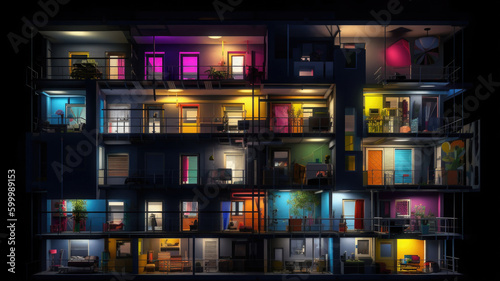 Bright colorful windows pattern at night. Front view facade of residential building with glowing lights in windows and balcony in the dark. Created with Generative AI
