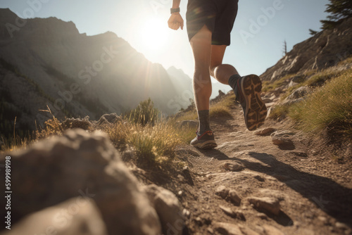 Trail running in mountains. Male trail runner athlete training outdoors. Created with Generative AI