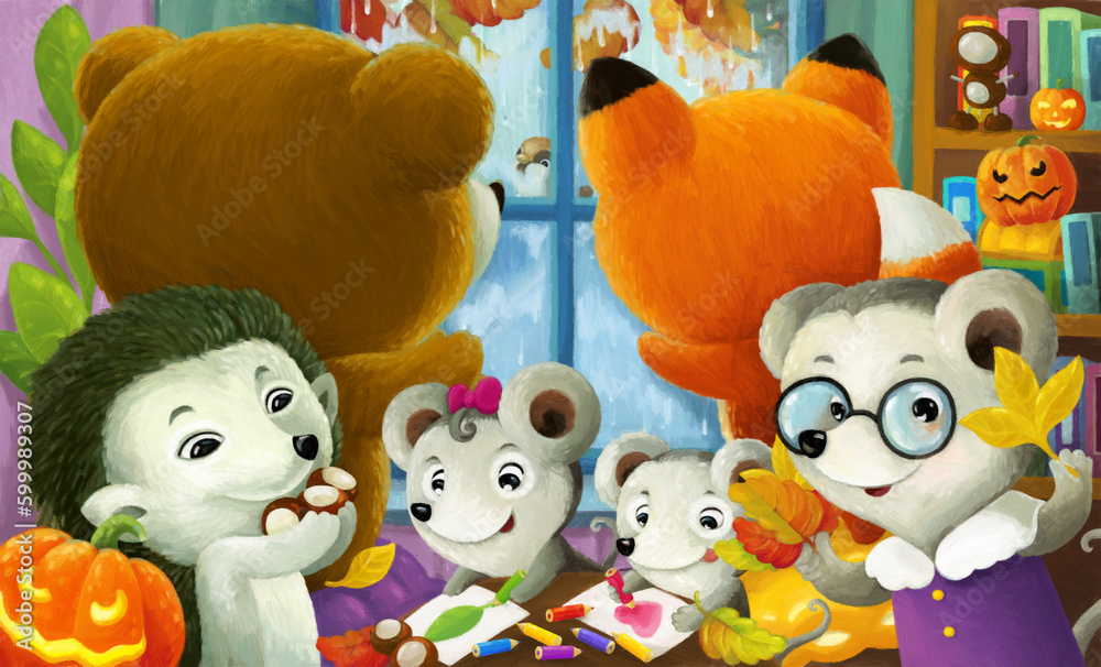 Fototapeta premium cartoon happy animals in kindergarten illustration