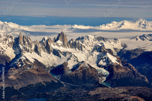 aerial view of mountains Fitz Roy, Cerro Torre, volcano Lautaro and the southern patagonian ice field, Patagonia photo
