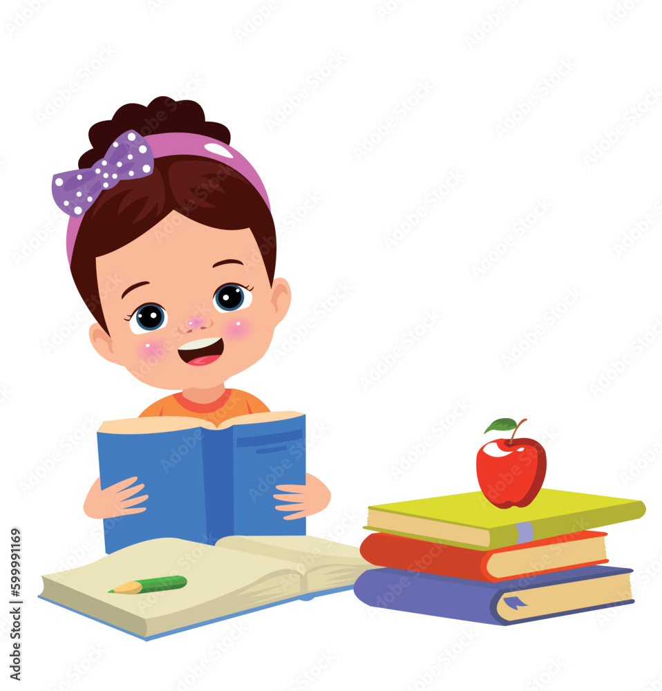 Little boy reading a book with a red apple on the table Little boy reading a book with a red apple on the table