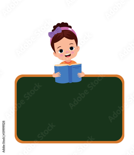 Cartoon boy reading a book on the board.