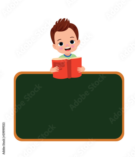 Cartoon boy reading a book on the board.