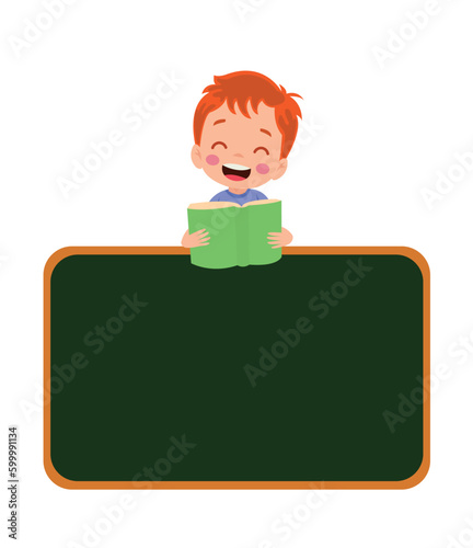 Cartoon boy reading a book on the board.