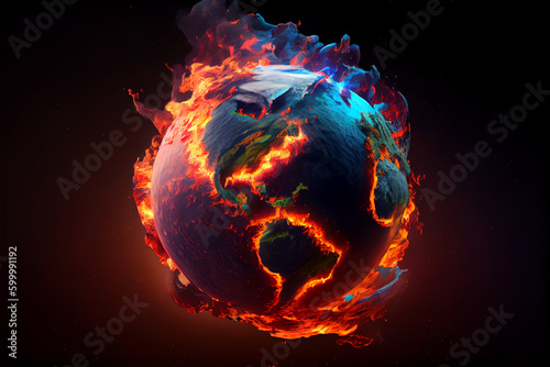 Extinguishes burning planet earth concept of climate. Sun and solar storm  Earth s magnetic field  flow of particles. Rising temperatures. Global warming. High quality illustration