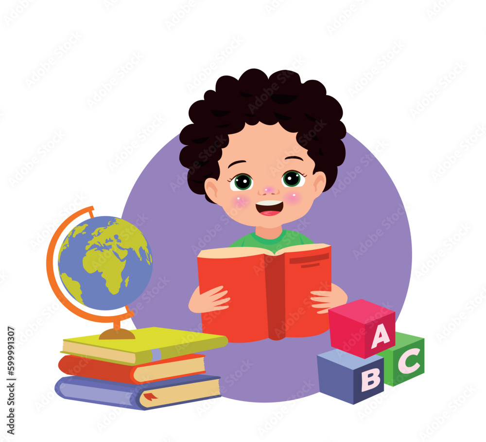 Little boy reading a book and a stack of books with abc letters on a white background. Little boy reading a book and a stack of books with abc letters on a white background.
