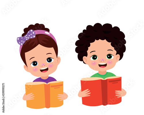 Boy and girl reading a book.