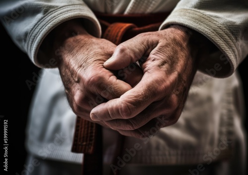 Martial Arts Master Tying His Belt with Precision. Generative AI. © ern