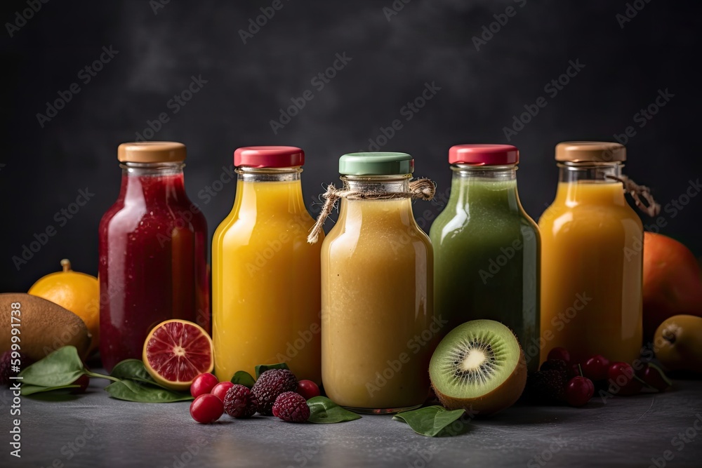 Colorful freshly squeezed fruits and vegetables smoothies with ingredients for healthy eating. Detox, dieting or healthy food concept. generated by AI Colorful freshly squeezed fruits and vegetables smoothies with ingredients for healthy eating. Detox, dieting or healthy food concept. generated by AI