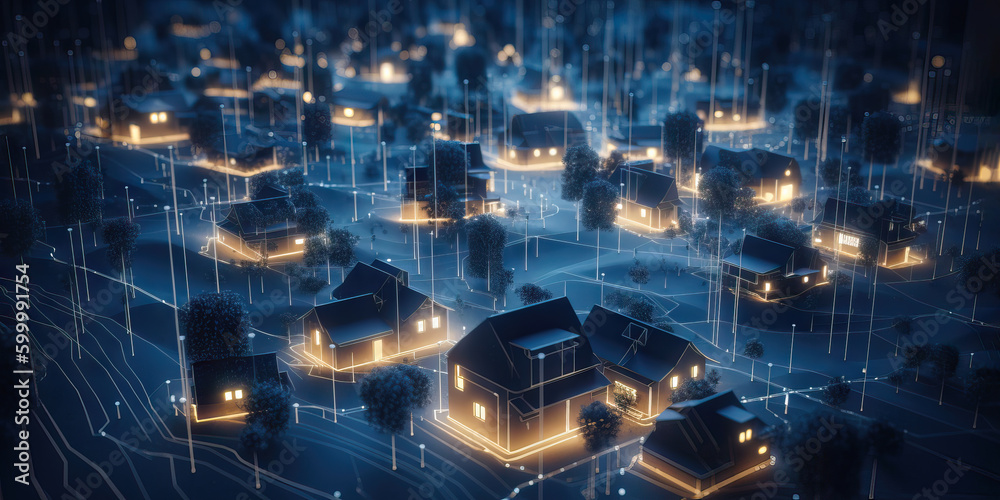 Digital community, smart homes and digital community. DX, Iot, digital network in society concept. suburban houses at night with data transactions. Hand edited generative AI. 