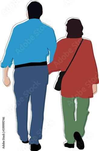 Vector pareja caminando de espaldas, mujere con cartera