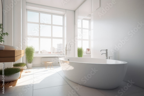 Ilustración de un baño blanco con madera clara y plantas con un gran ventanal. IA generativa