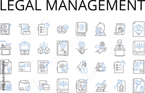 Legal management line icons collection. Medical administration, Financial control, Scientific direction, Corporate governance, Human resources, Technical supervision, Political leadership vector and