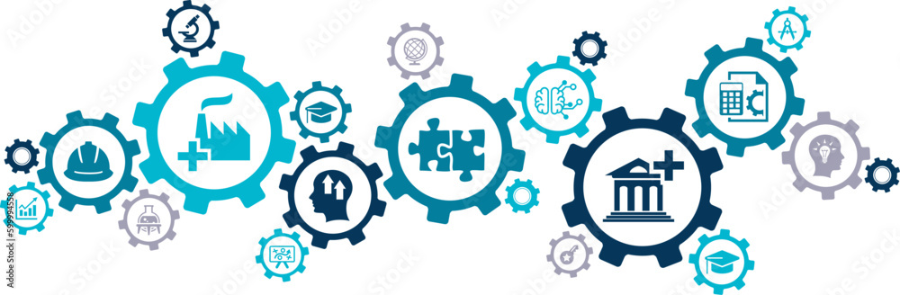 University industry collaboration vector illustration. Blue concept with icons related to partnership / cooperation between academia & business company for projects / education / internship. University industry collaboration vector illustration. Blue concept with icons related to partnership / cooperation between academia & business company for projects / education / internship.