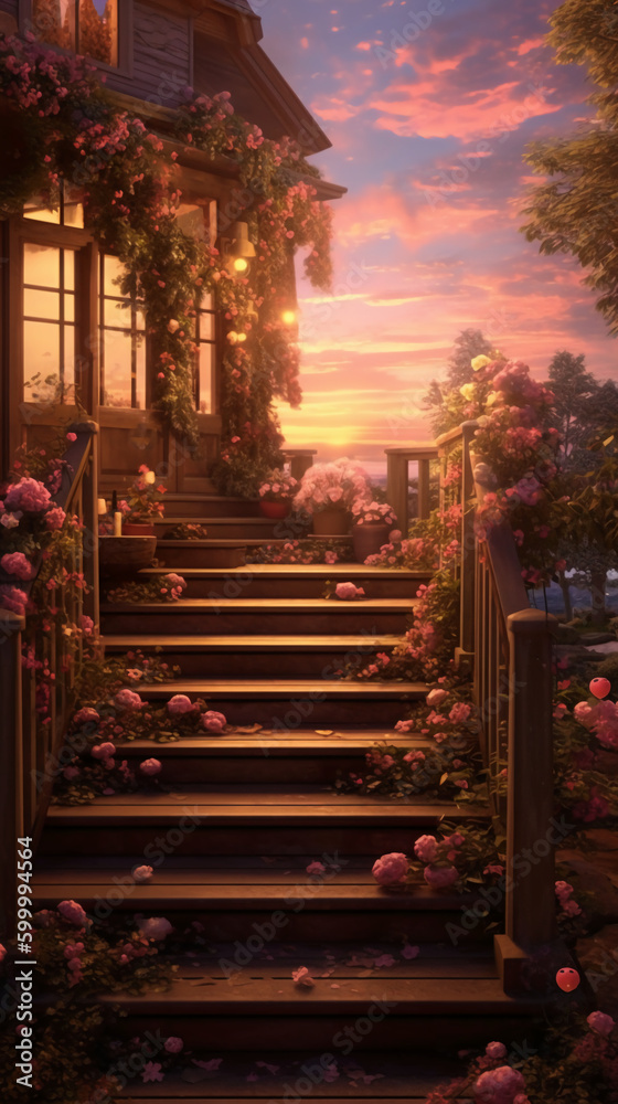 Φωτογραφία the stairs of a wooden house with 1000 roses on it, in the style of light pink and white, sunset, a busy city and beach in the distance