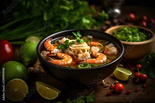 tom yum soup with shrimp, lemongrass, lime leaves, Thai style, Generative AI