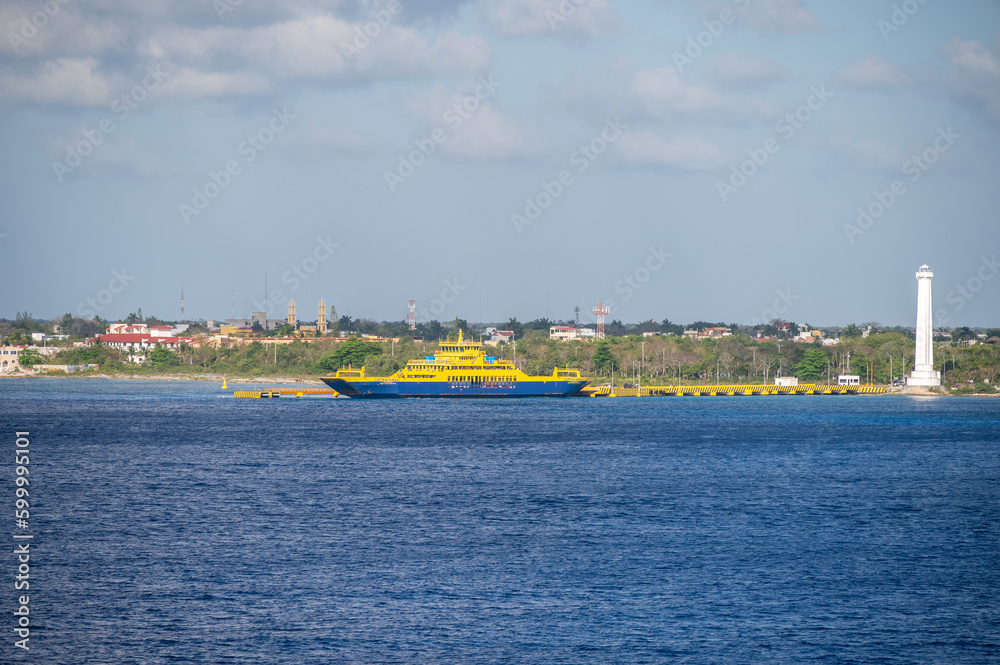Fototapeta premium View of ferry at the port near Cozumel, Mexico.