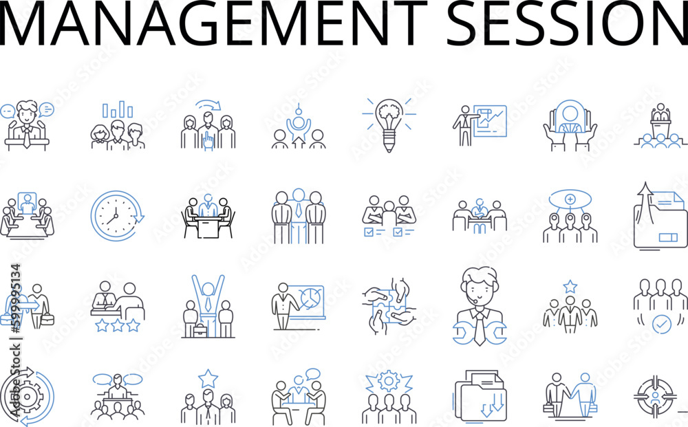 Management session line icons collection. Business Meeting, Team Gathering, Strategic Planning, Project Review, Committee Meeting, Board Assembly, Sales Conference vector and linear illustration Management session line icons collection. Business Meeting, Team Gathering, Strategic Planning, Project Review, Committee Meeting, Board Assembly, Sales Conference vector and linear illustration
