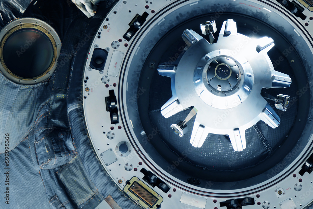 Docking spacecraft in outer space. Elements of this image furnished NASA. Docking spacecraft in outer space. Elements of this image furnished NASA.