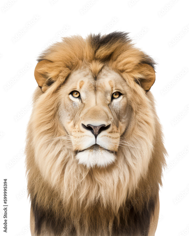 portrait / face of a majestic male lion looking straight into the camera, isolated over a transparent background, Africa safari, zoo, wildlife, or circus design element, generative AI