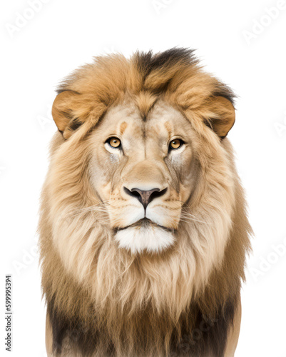 Fotografia portrait / face of a majestic male lion looking straight into the camera, isolat