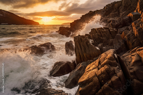 The waves are crashing over the rocks at sunset. AI generative © SANGHYUN