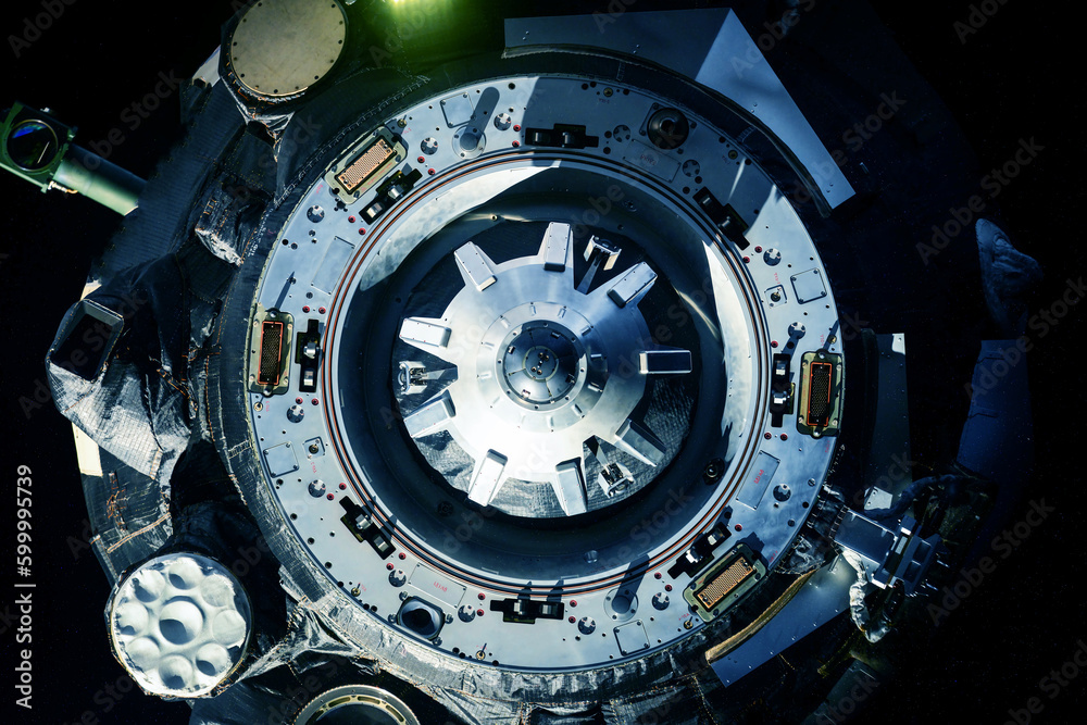 Docking spacecraft in outer space. Elements of this image furnished NASA. Docking spacecraft in outer space. Elements of this image furnished NASA.