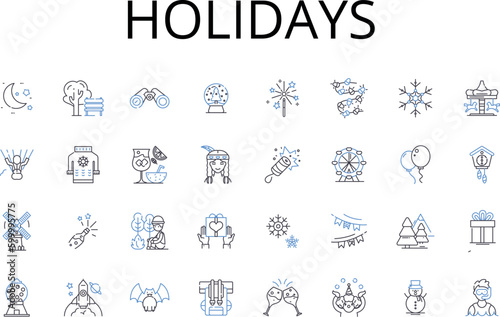 Holidays line icons collection. Vacations, Getaways, Festivals, Celebrations, Breaks, Retreats, Time off vector and linear illustration. Excursions,Adventures,Retreats outline signs set
