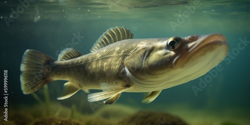 Fishing close-up shut of a zander fish under water, created with Generative AI technology photo