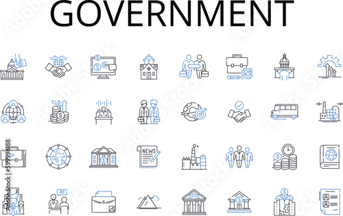 Government line icons collection. Authority Power, State Regime, Administration Management, Governance Direction, Regulator Overseer, Regime Rule, Rule Polity vector and linear illustration. Ruling