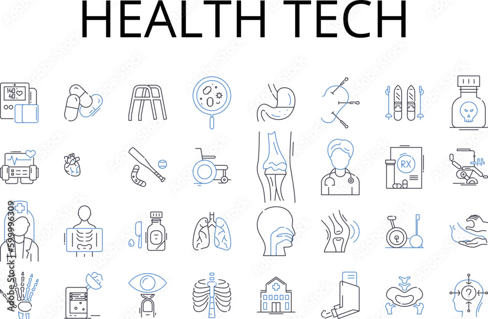 Health tech line icons collection. Medical technology, Digital health, Healthcare IT, Telehealth, eHealth, Health informatics, Health information technology vector and linear illustration. Medical