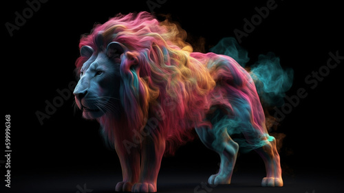 Animals surrounded by colored smoke. Lion wrapped in colored smoke. Lion original, creative and colorful. Image generated by AI. 