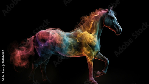 Animals surrounded by colored smoke. Horse wrapped in colored smoke. Horse original, creative and colorful. Image generated by AI.  © Moon Project