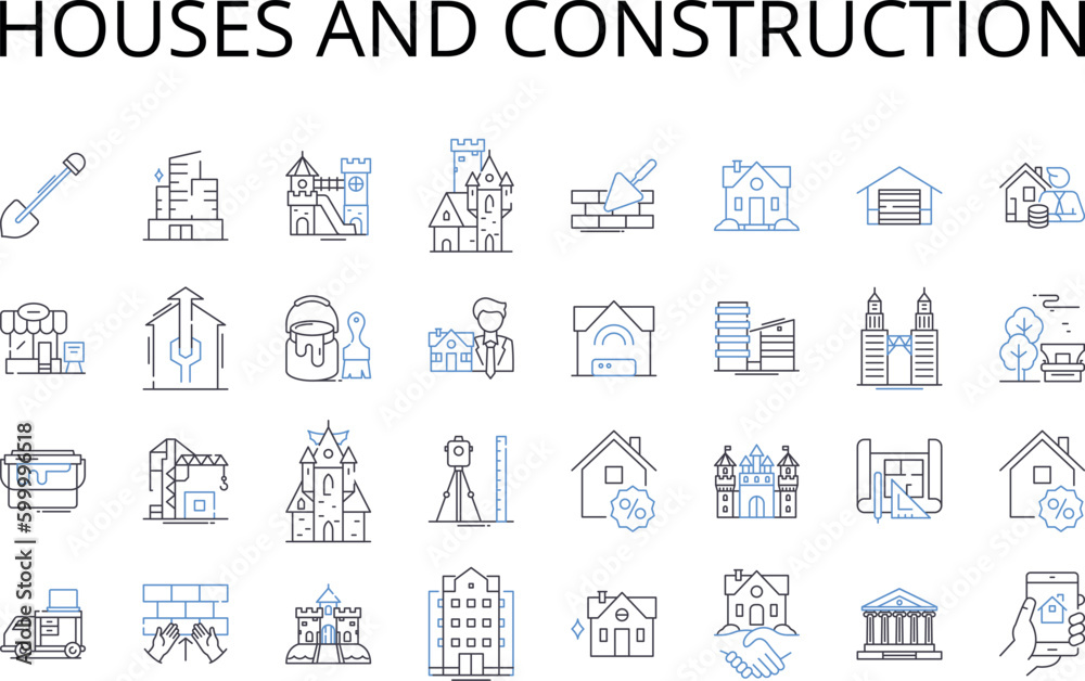 Houses and construction line icons collection. Domicile, Dwelling, Residency, Habitat, Abode, Home, Shack vector and linear illustration. Cabin,Cottage,Bungalow outline signs set