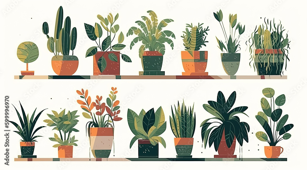 Houseplants in flowerpots on white background illustration set, Vector illustration.