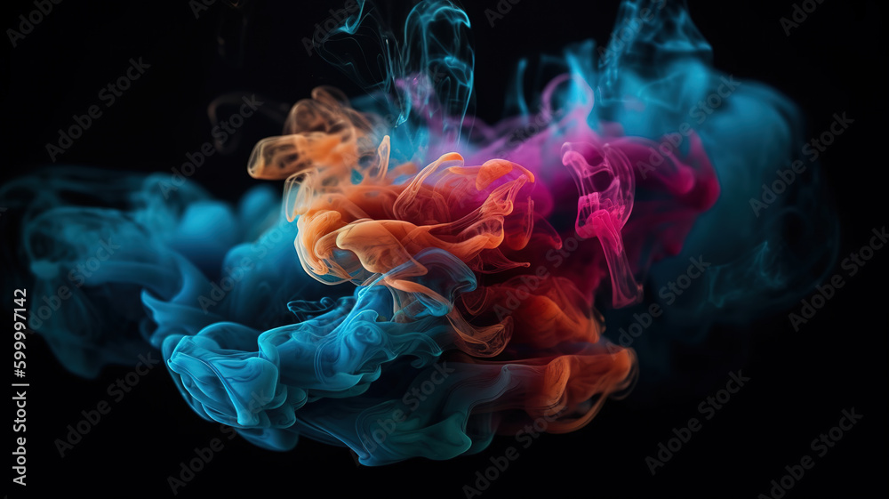 Fototapeta premium Color smoke abstract background. Cold hot. Ice fire flame. Defocused blue red contrast paint splash light glowing vapor, floating cloud texture. Generative AI