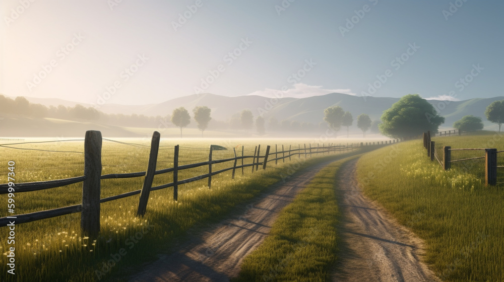 winding road near the wooden fence through with lonely tree on hillside. AI Generative
