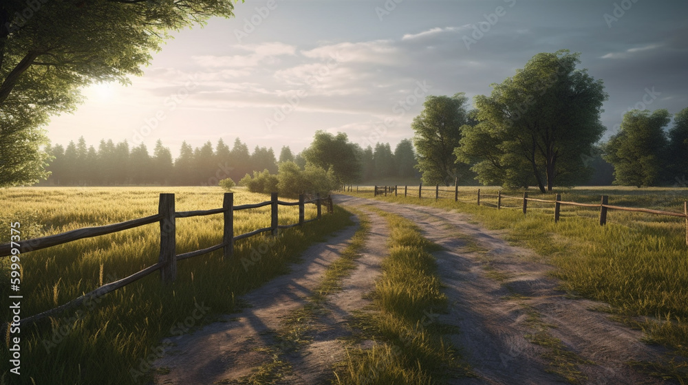 country road at sunset through grassy fields between fences with rustic wood posts. AI Generative